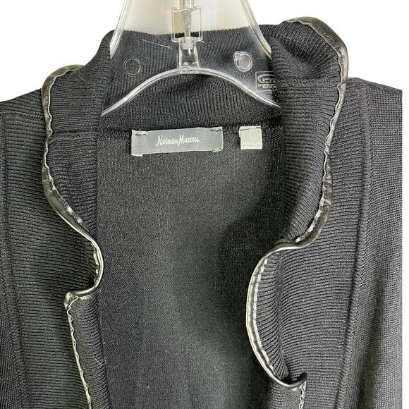 Neiman Marcus Cardigan Sweater Women L Black Open Ruffle Front Faux Leather Trim - Picture 2 of 8